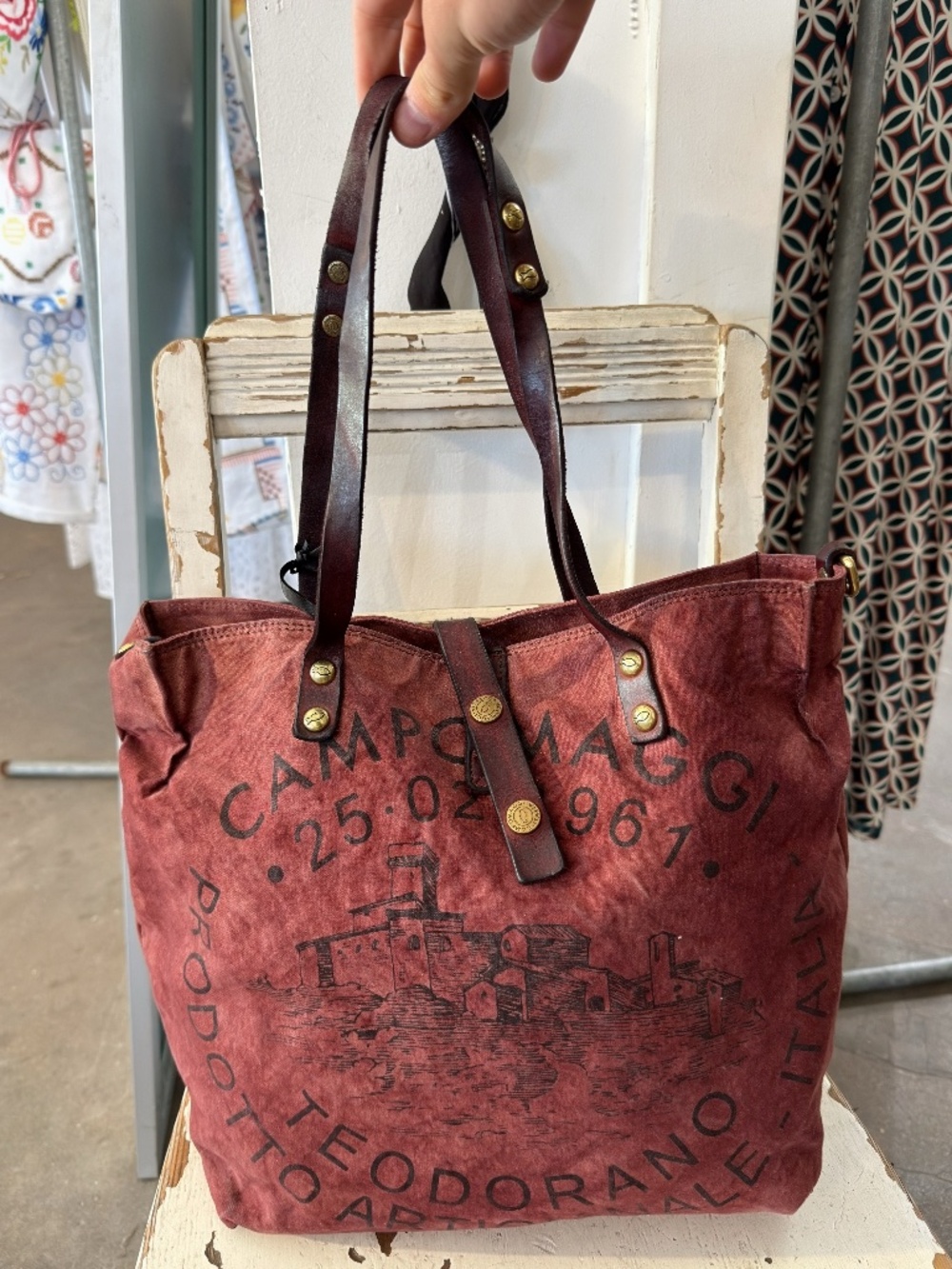 Campomaggi Canvas Leather Shopping Bag in Burgundy